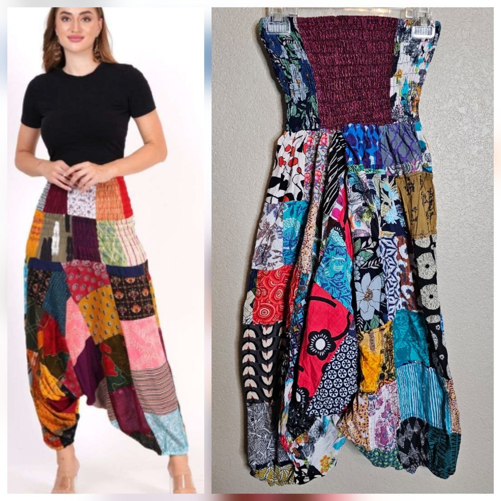 Boho Patchwork Harem Drop Crotch Pants Smocked Mu… - image 1